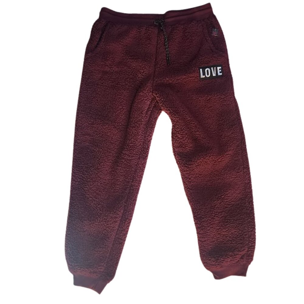 NEW No Boundaries Teddy Jogger Style Maroon Color Sweatpants with LOVE Patch
